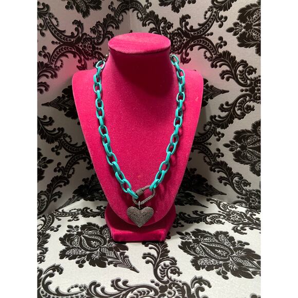 By Alexa Rae (BAR) Aquamarine chunky chain gunmetal heart pave necklace - Picture 2 of 4